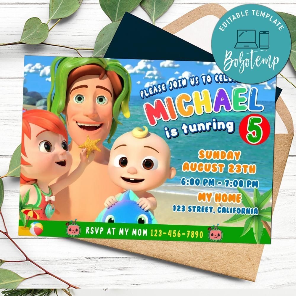 Cocomelon Beach Birthday Party Invitation Customizable Template To 