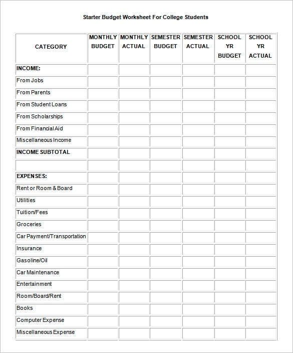 college budget worksheet printable