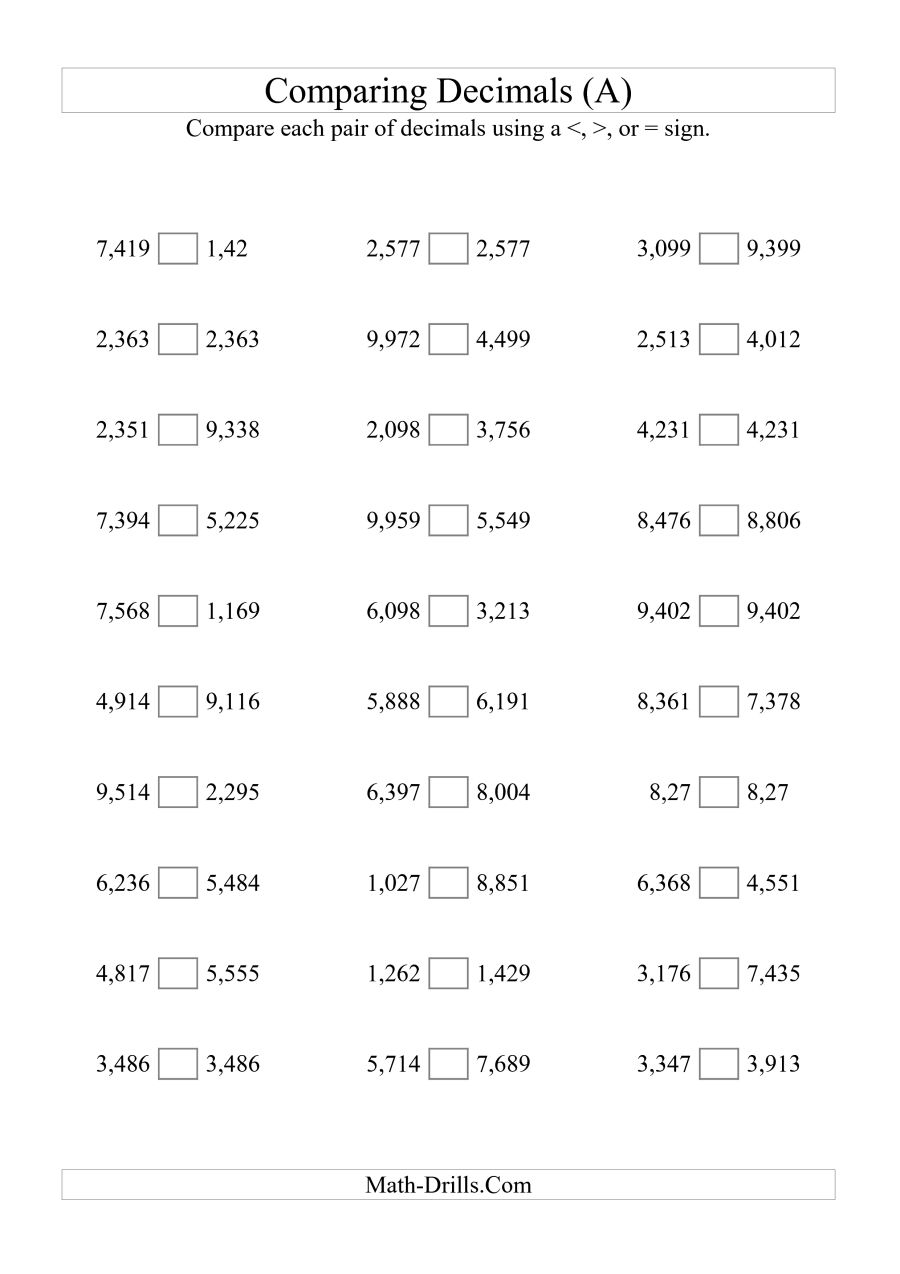 Comparing Decimals To The Thousandths Worksheets
