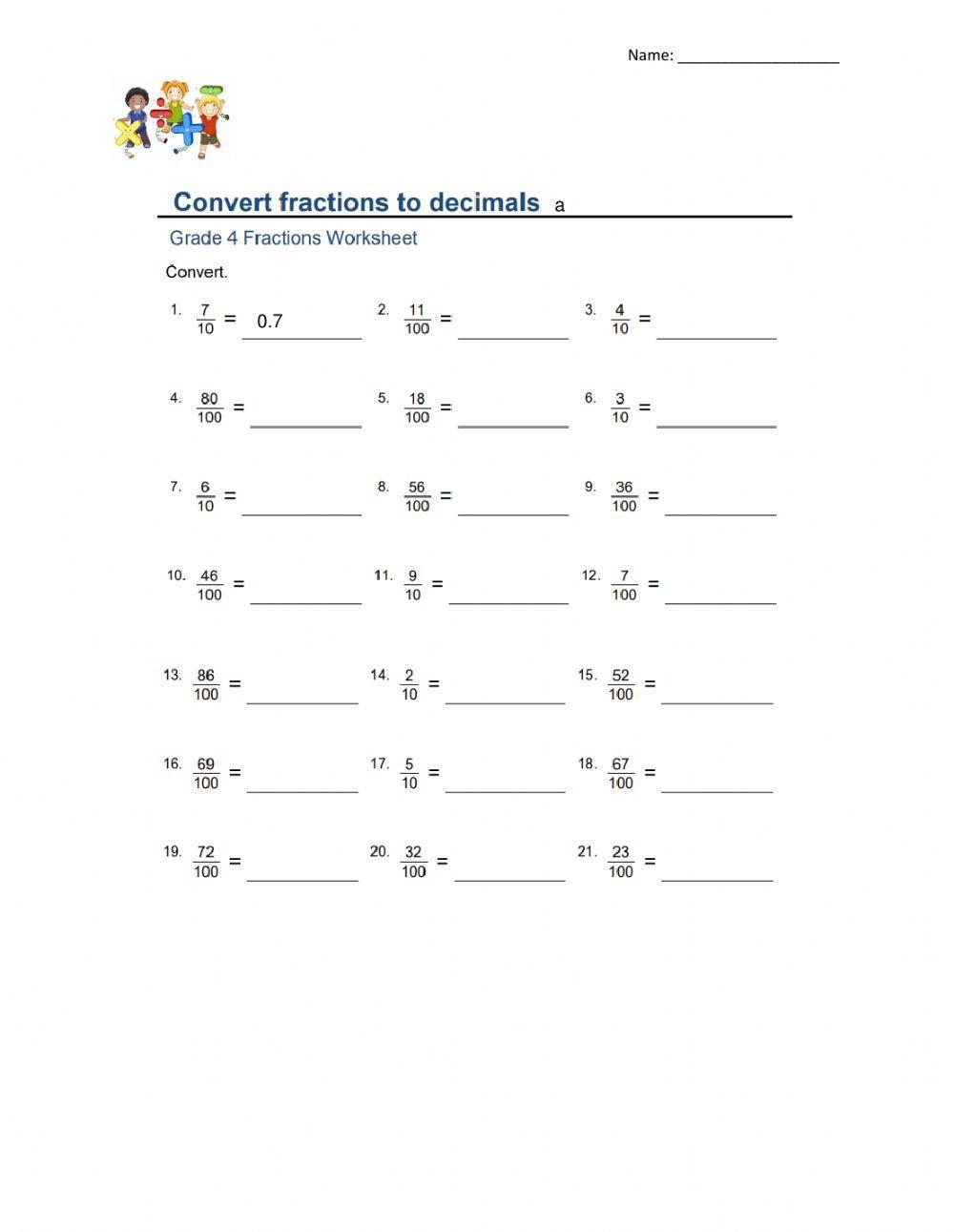 decimals to fractions worksheets