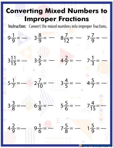 mixed to improper fractions worksheet