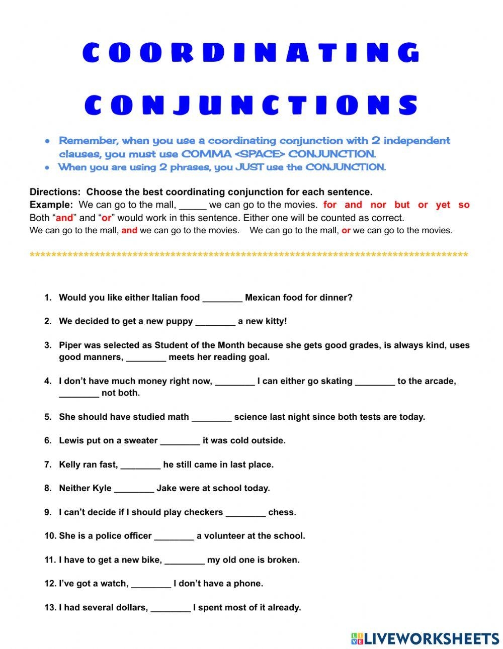 Coordinating Conjunctions Live Worksheets Worksheets Library