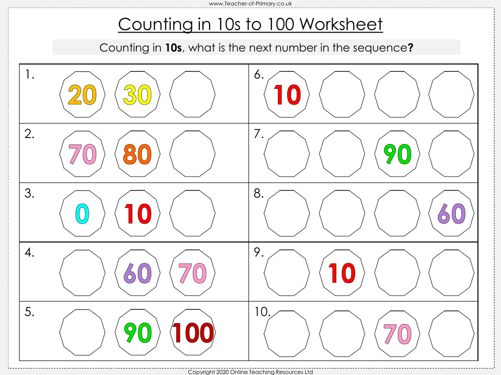 Counting In 10s To 100 Worksheet Math Kindergarten Worksheets Library