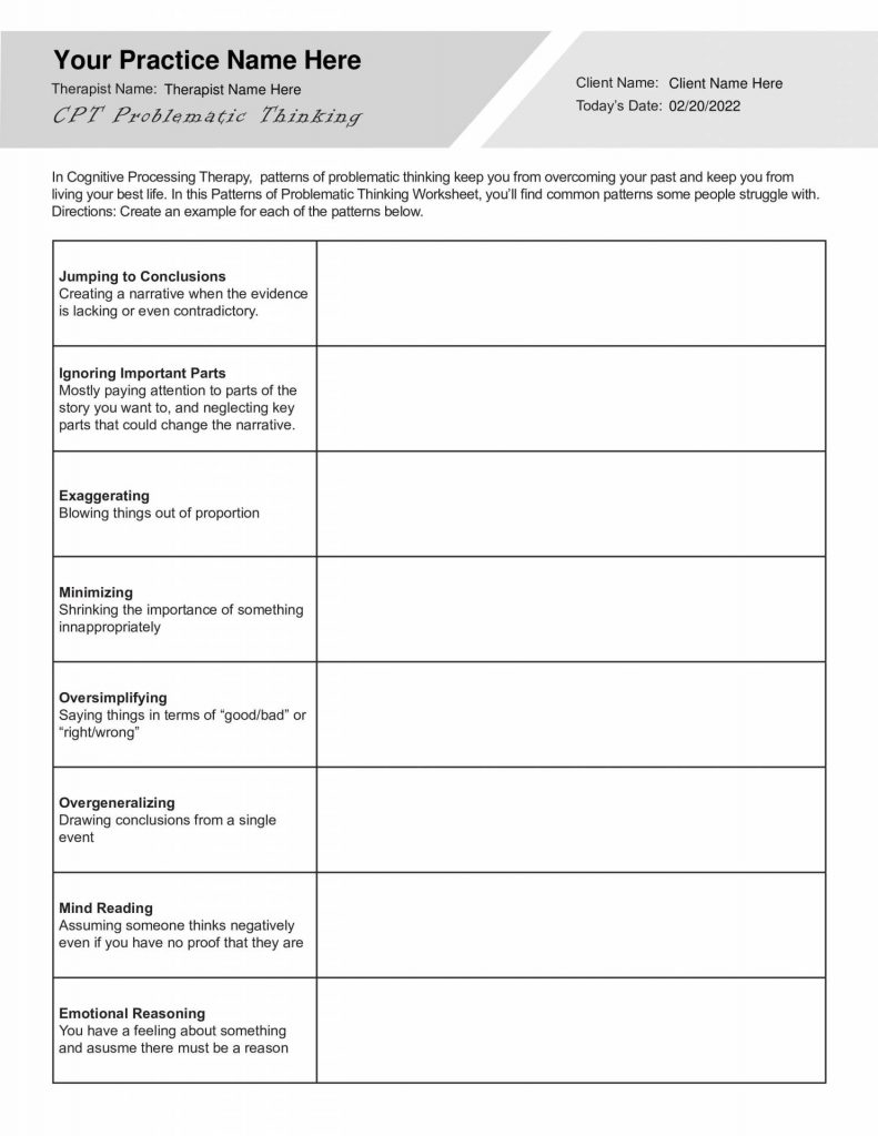 CPT Resources Cognitive Processing Therapy Worksheets Library