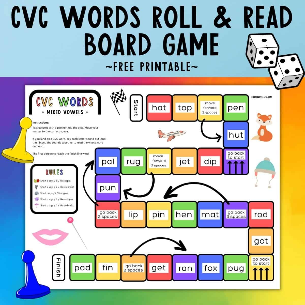 CVC Words Board Game Free Printable Literacy Learn Worksheets Library