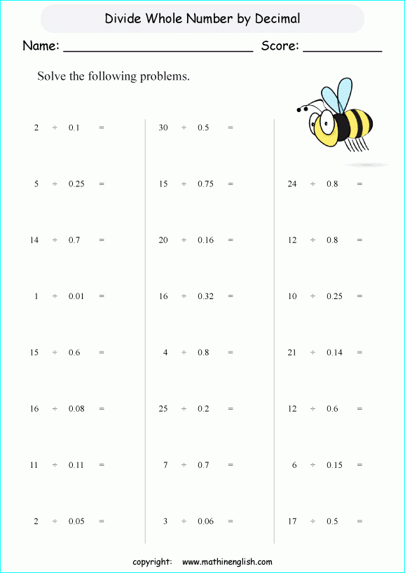 decimal divided by a whole number worksheet