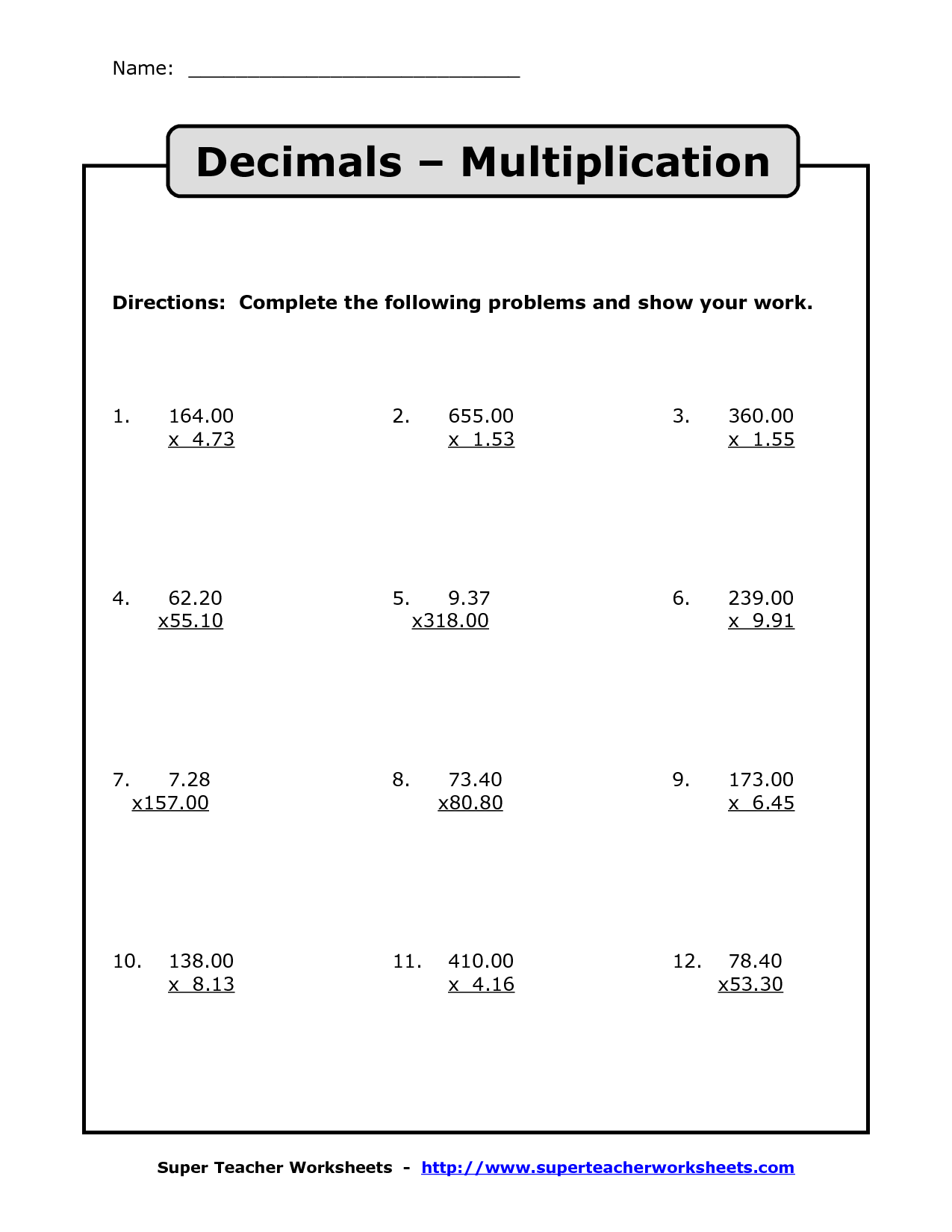 Decimal Multiplication Worksheets Grade 6 Multiplication Worksheets