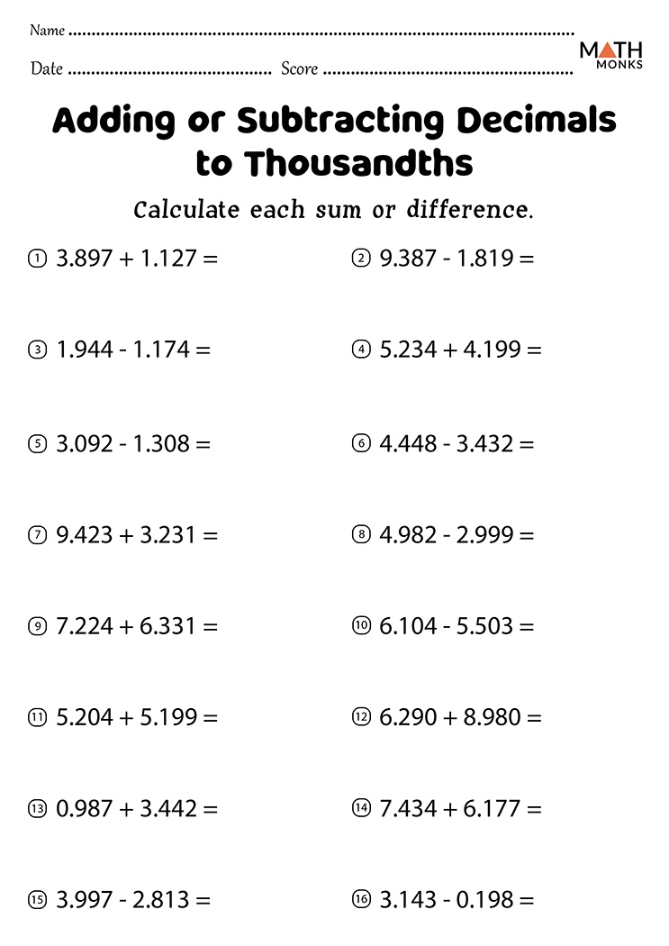 decimals to thousandths 5th grade worksheets