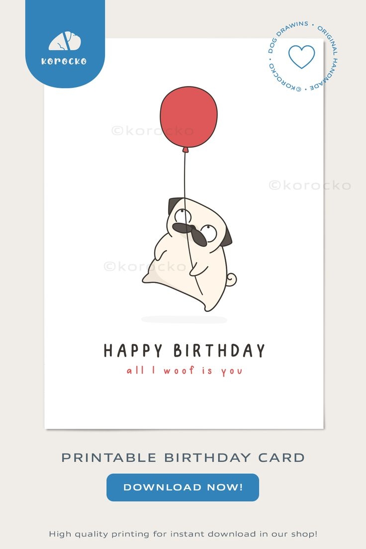 Digital Pug Birthday Card To Print Instant Download Printable Happy 