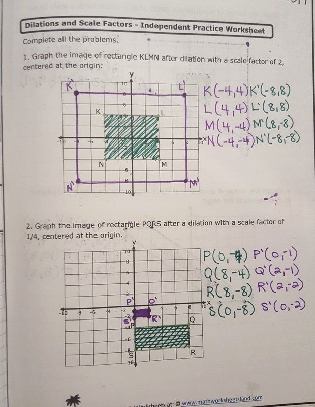 dilations and scale factors independent practice worksheet answer key