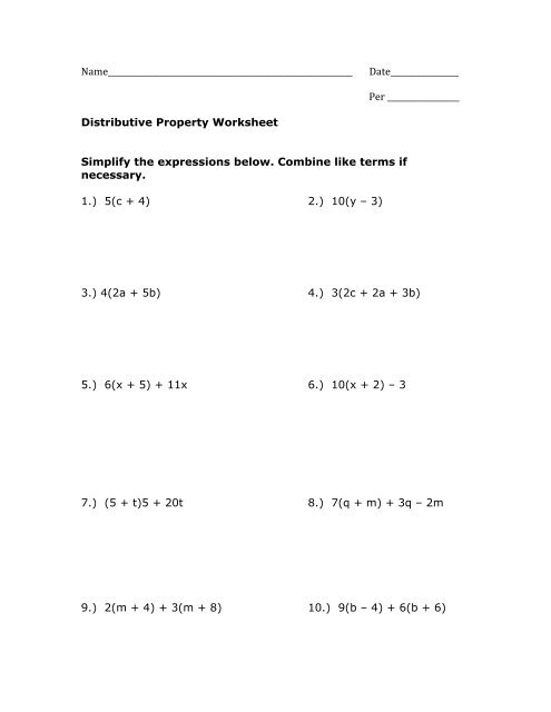 Distributive Property Worksheet pdf MrWalkerHomework Worksheets Library