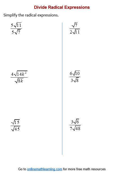 radicals worksheet