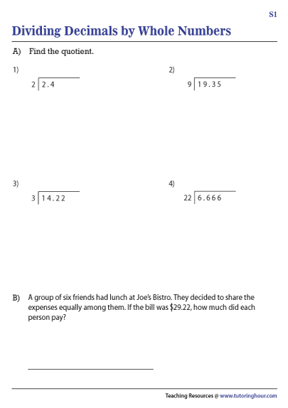 Dividing Decimals By Whole Numbers Interactive Worksheet 