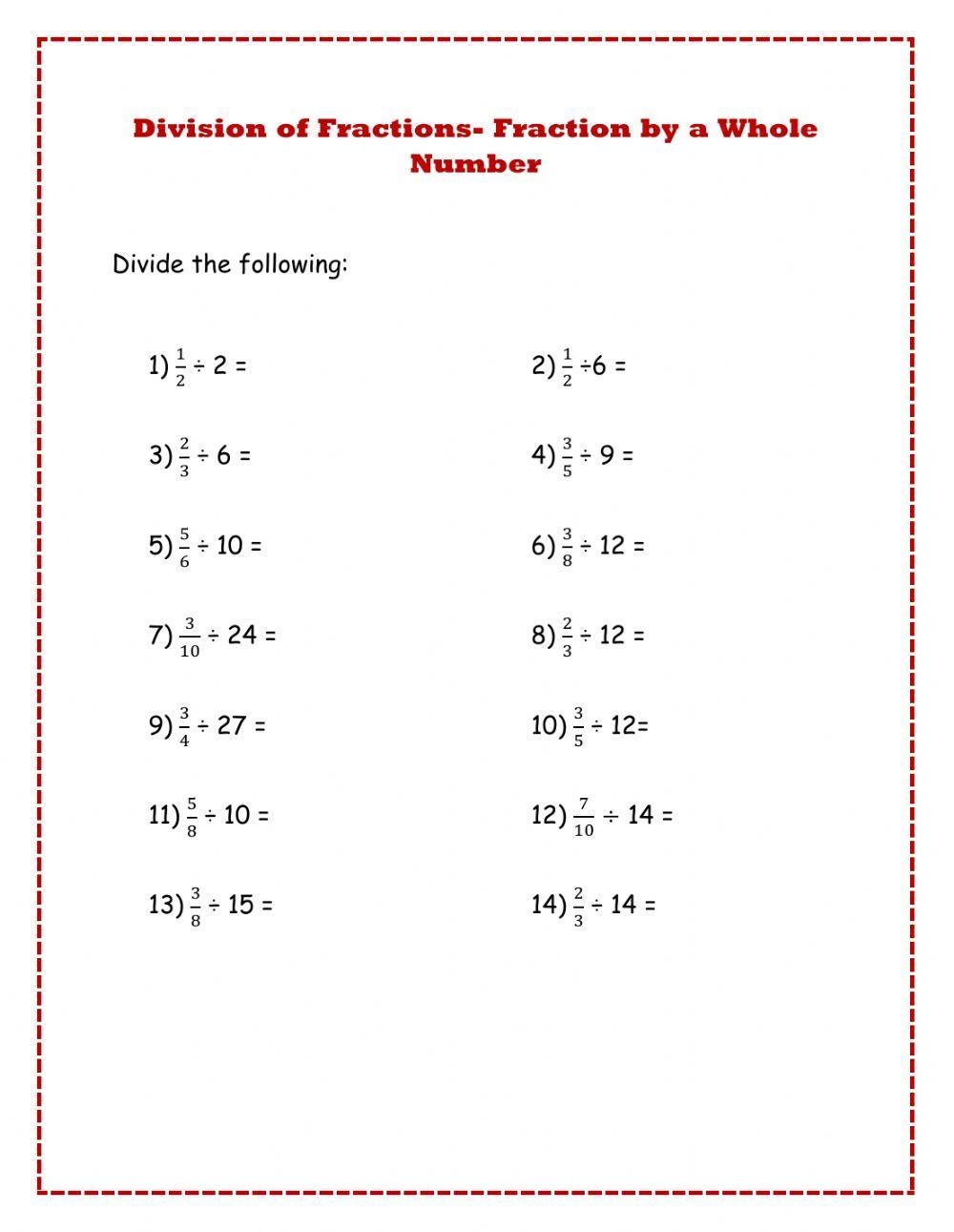 fractions divided by whole numbers worksheet