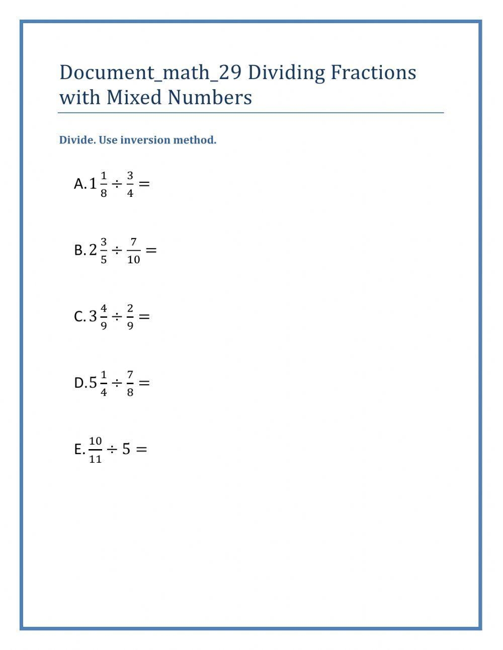 Dividing Fractions With Mixed Numbers Worksheet Live Worksheets 
