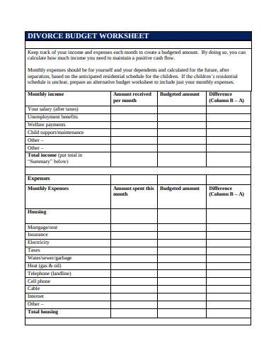 Divorce Budget Worksheet Budgeting Worksheets