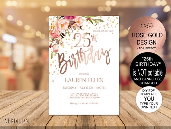 DIY 25th Birthday Invitation Template Blush Rose Gold Birthday 