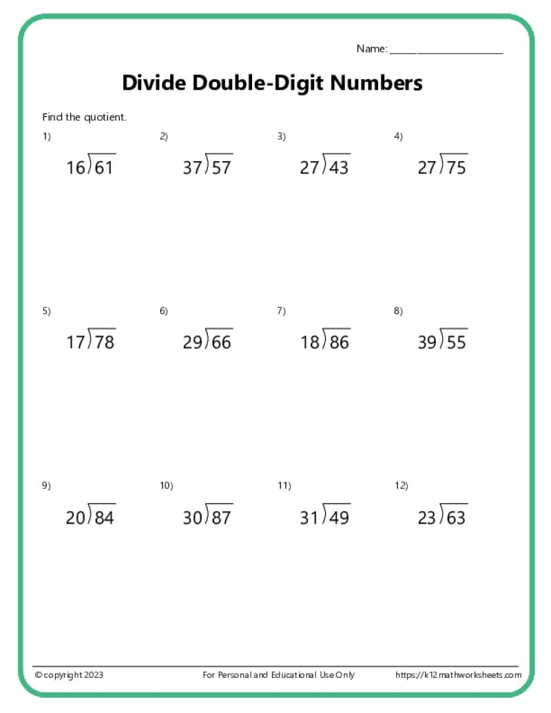 Double Digit Division Worksheets