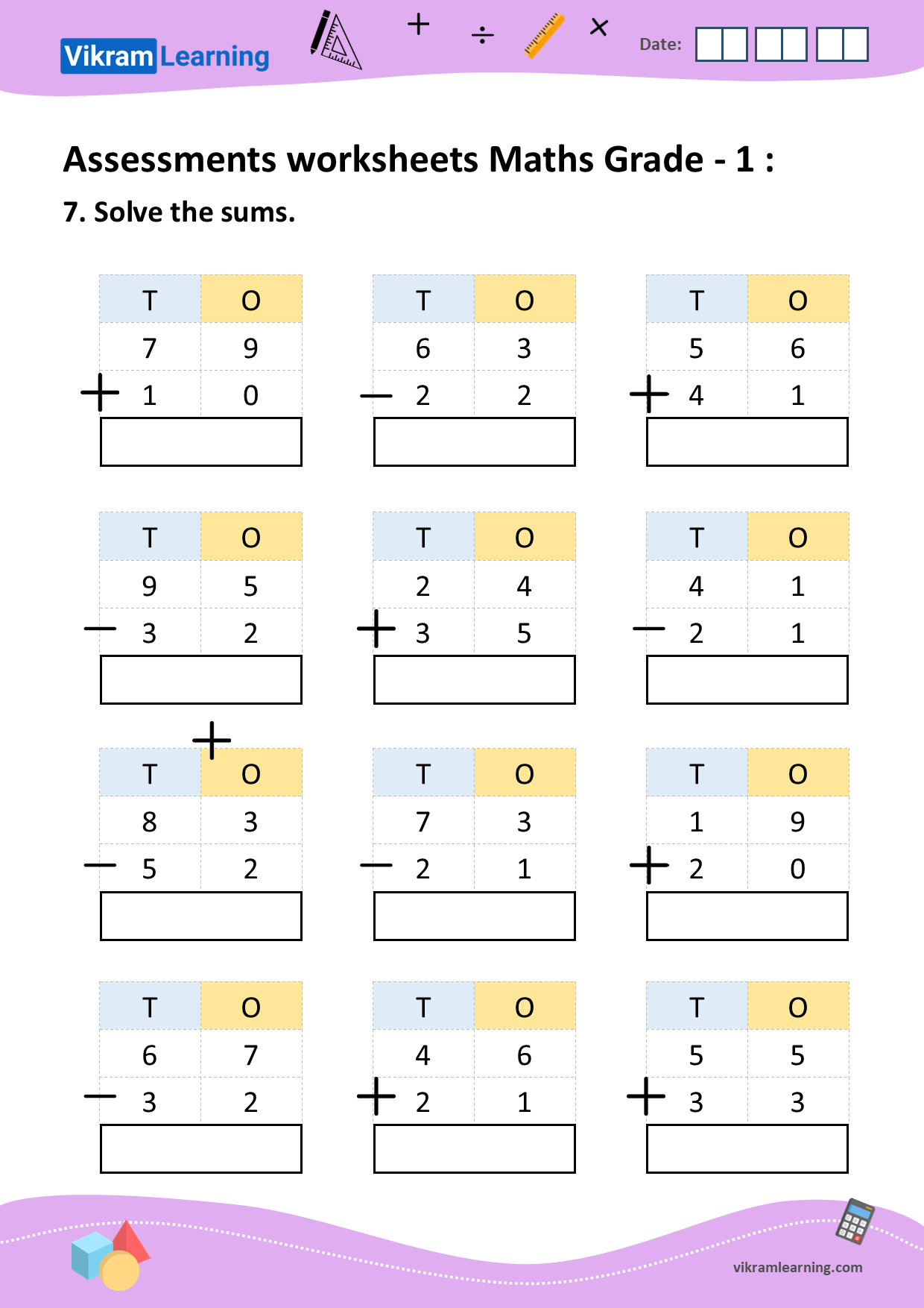 Download Assessments Worksheets Maths Grade 1 Additions Subtraction 