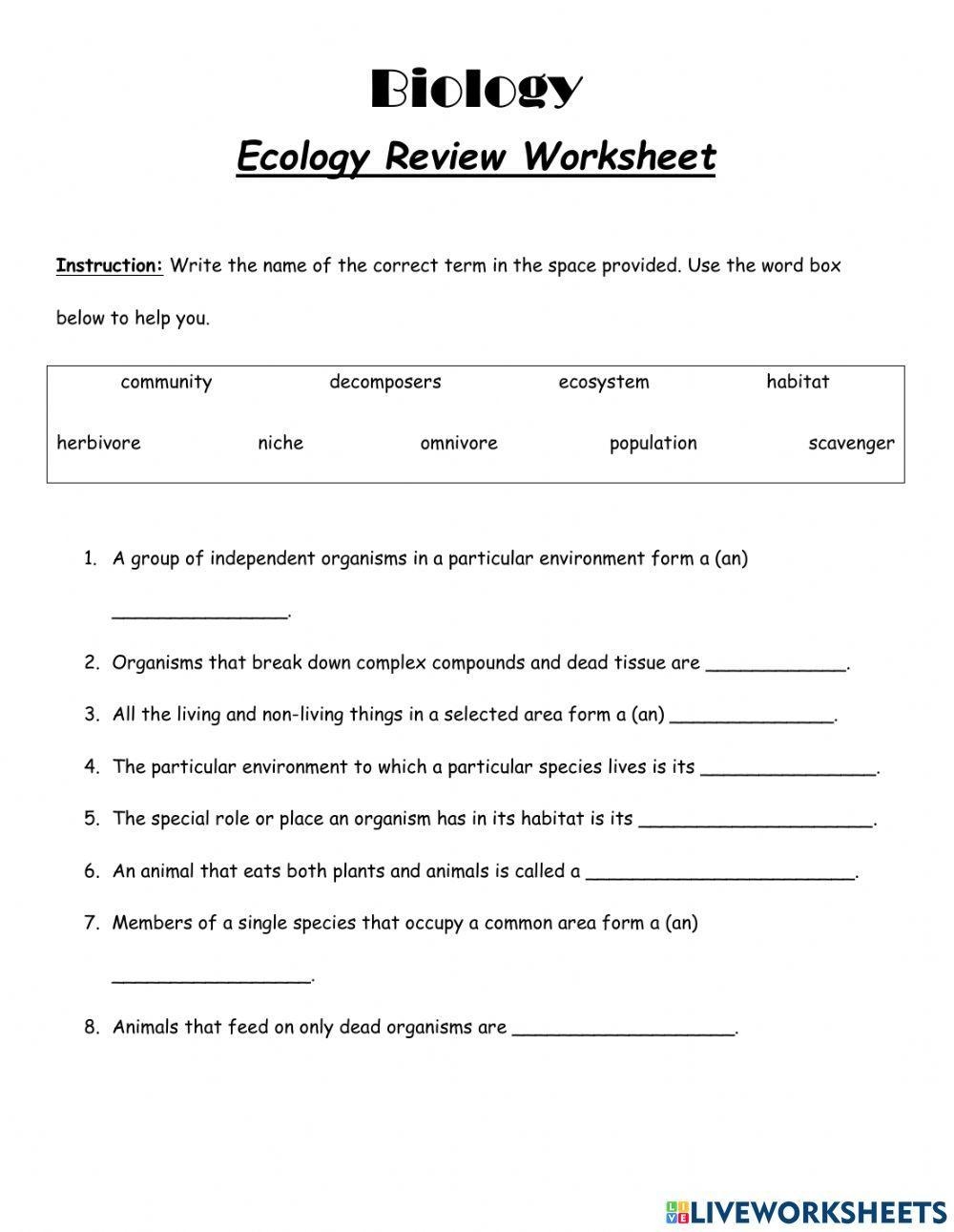 Ecology Review Worksheet Worksheet Live Worksheets Worksheets Library