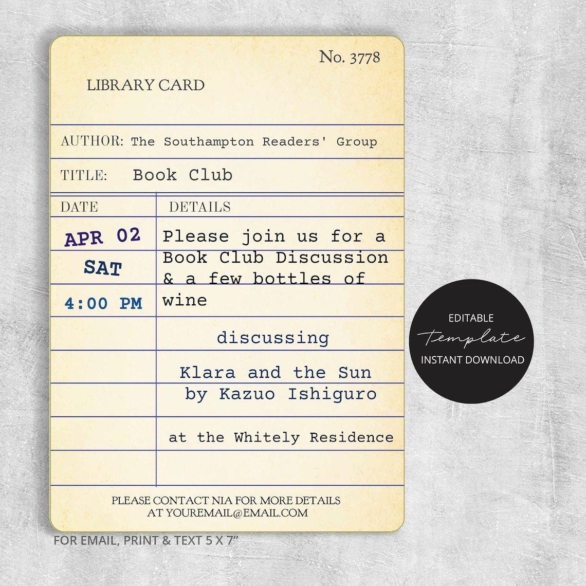 Editable BOOK CLUB Invitation Template Vintage Library Card Etsy