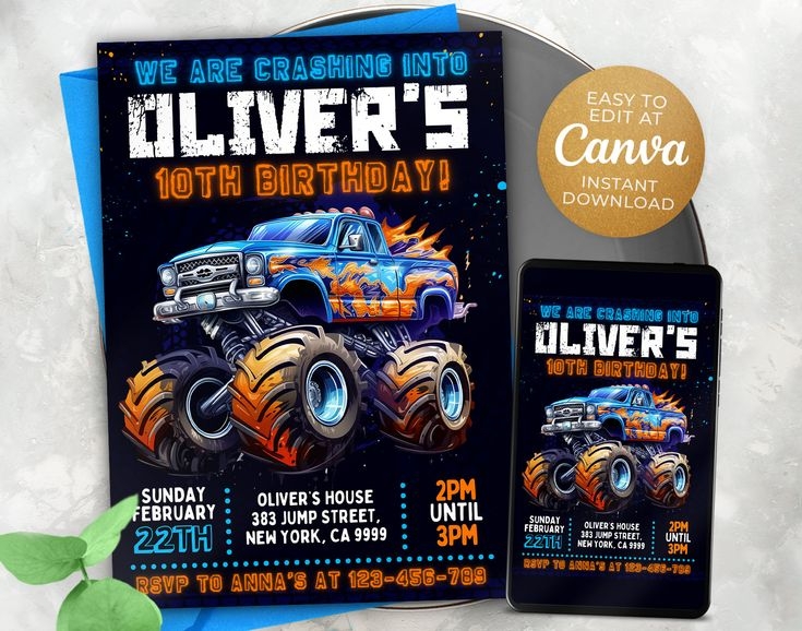 free monster truck birthday invitation template