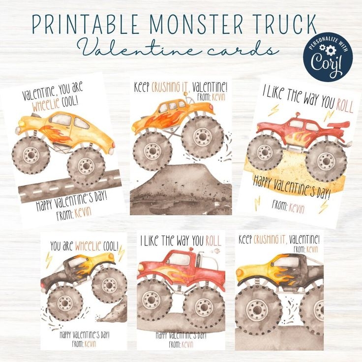 Editable Monster Truck Valentine Cards boy Valentines kids Valentine 
