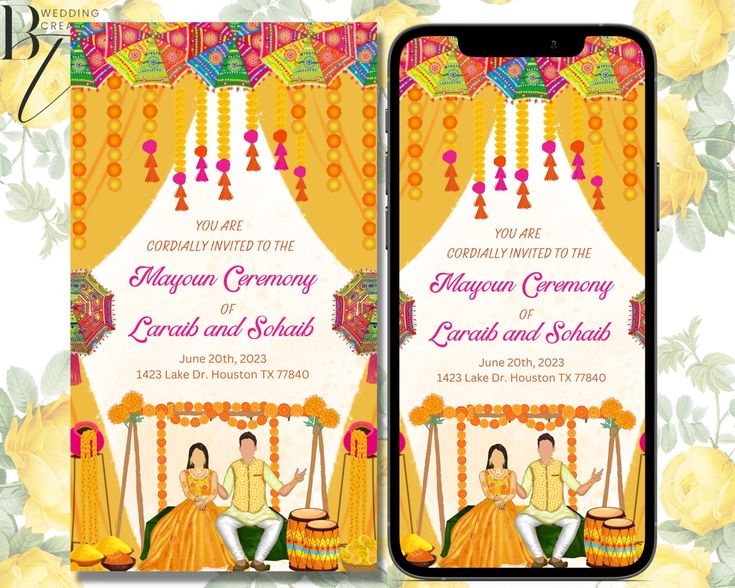 Editable Pithi Haldi Mayoun Mayun Mehndi Dholki Wedding Invitation Card 