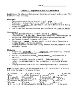 Elements Compounds Mixtures Worksheet With Answer Key TpT