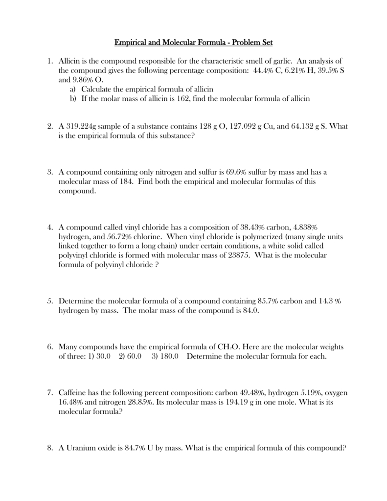 molecular formula and empirical formula worksheet