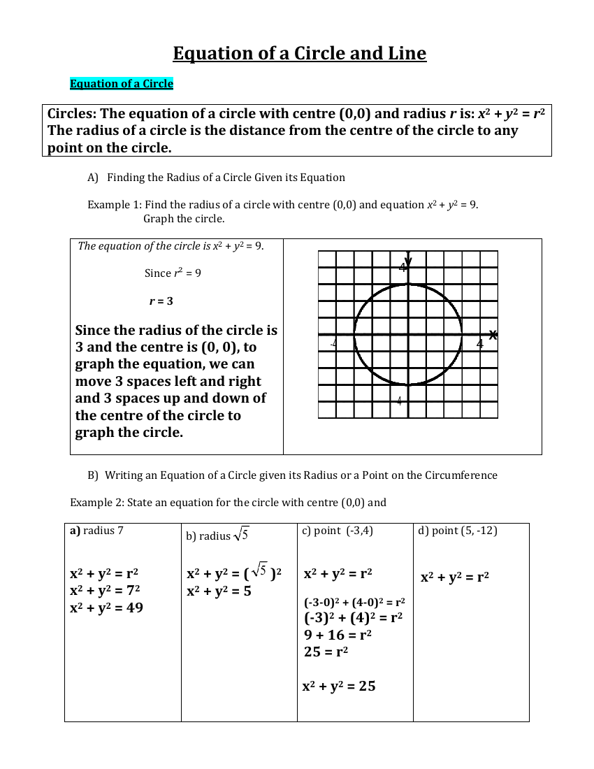 Equation Of A Circle And Line Worksheet With Answers Math Geometry