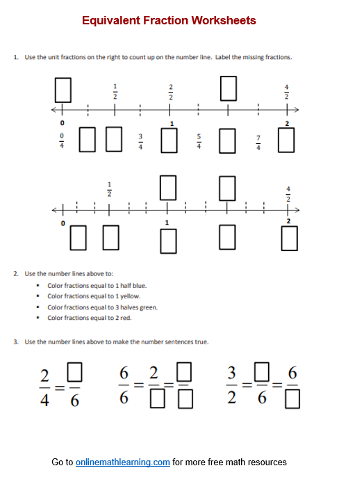 Equivalent Fraction Number Line Worksheets answers Printable 