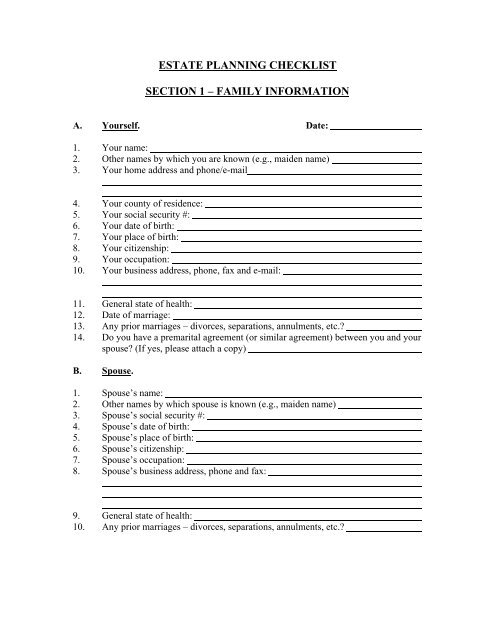 ESTATE PLANNING CHECKLIST Worksheets Library
