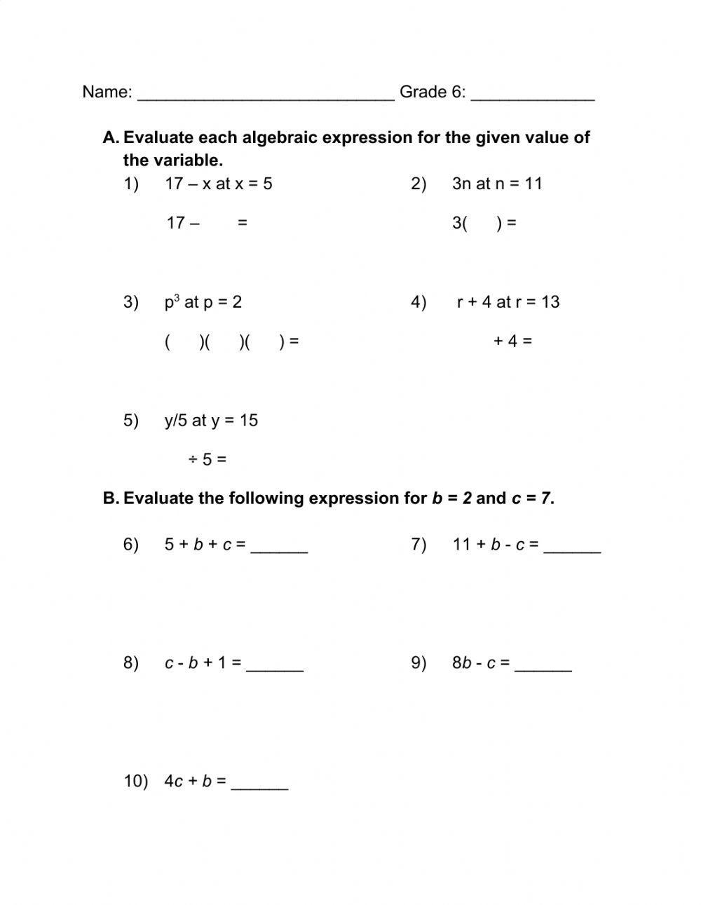 Evaluating Algebraic Expressions Worksheets Math Monks Worksheets