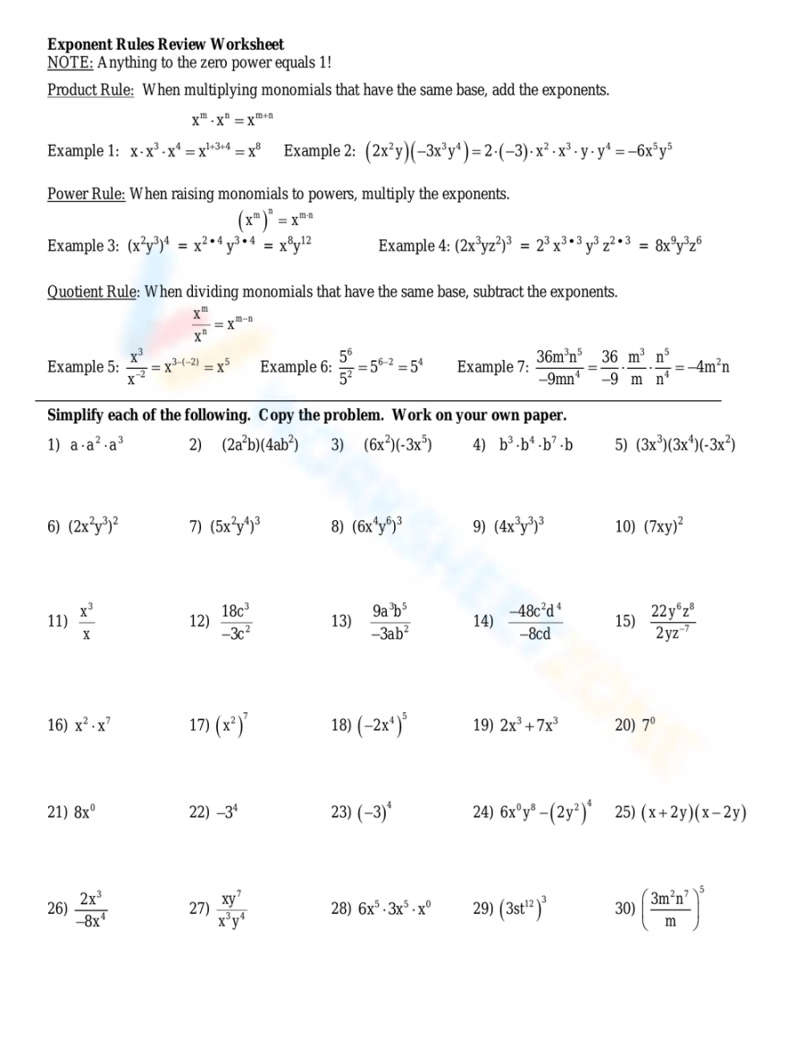 Exponent Rules Review Worksheet Printable PDF Template