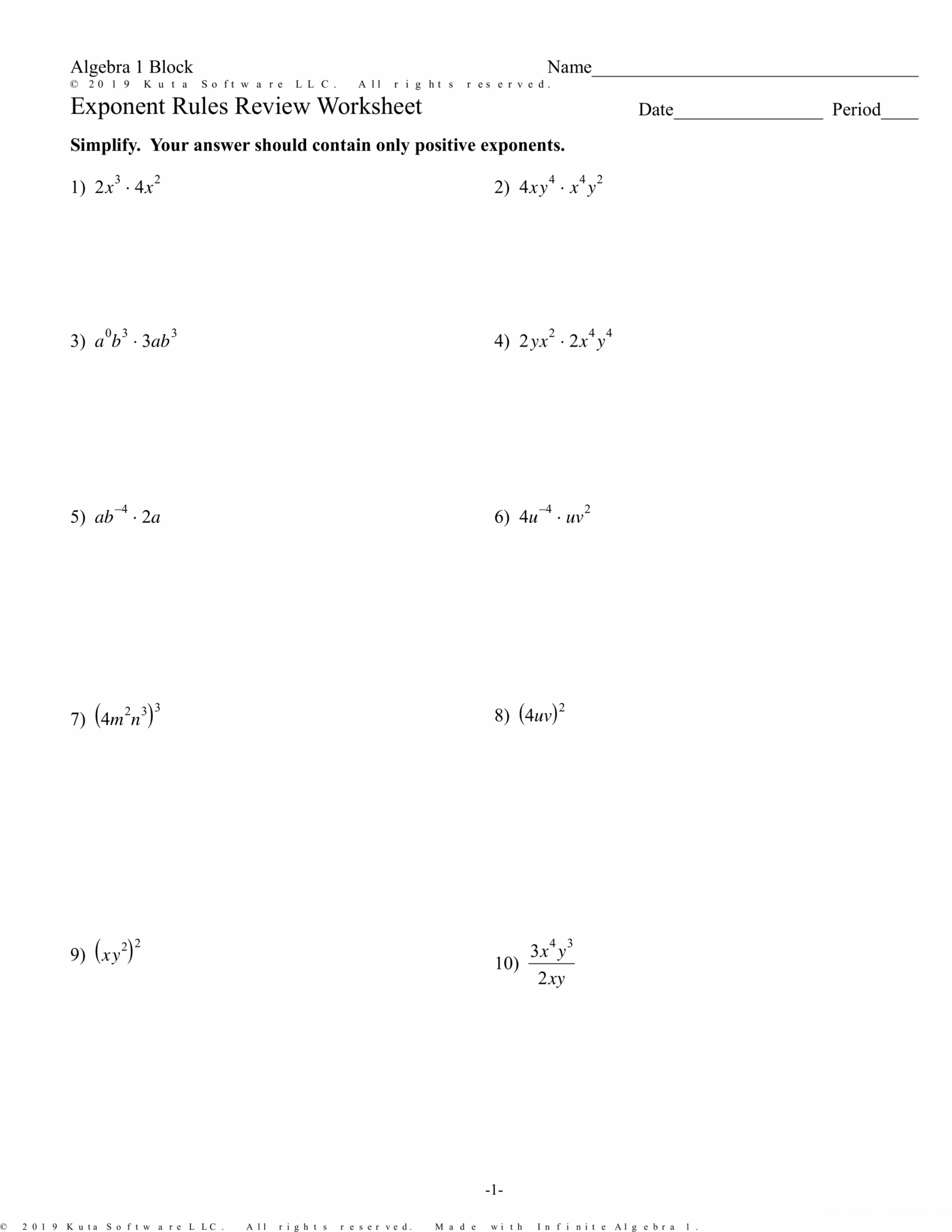 Exponent Rules Review Worksheet Printable PDF Template