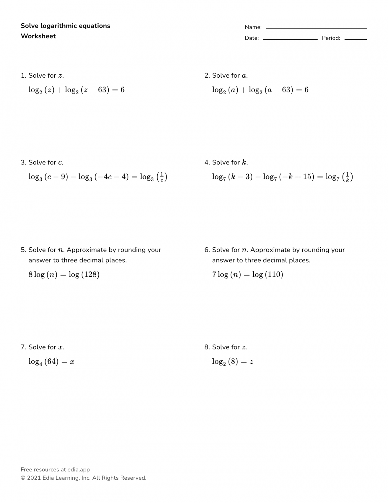 Exponential And Logarithmic Equations Worksheet Martin Lindelof