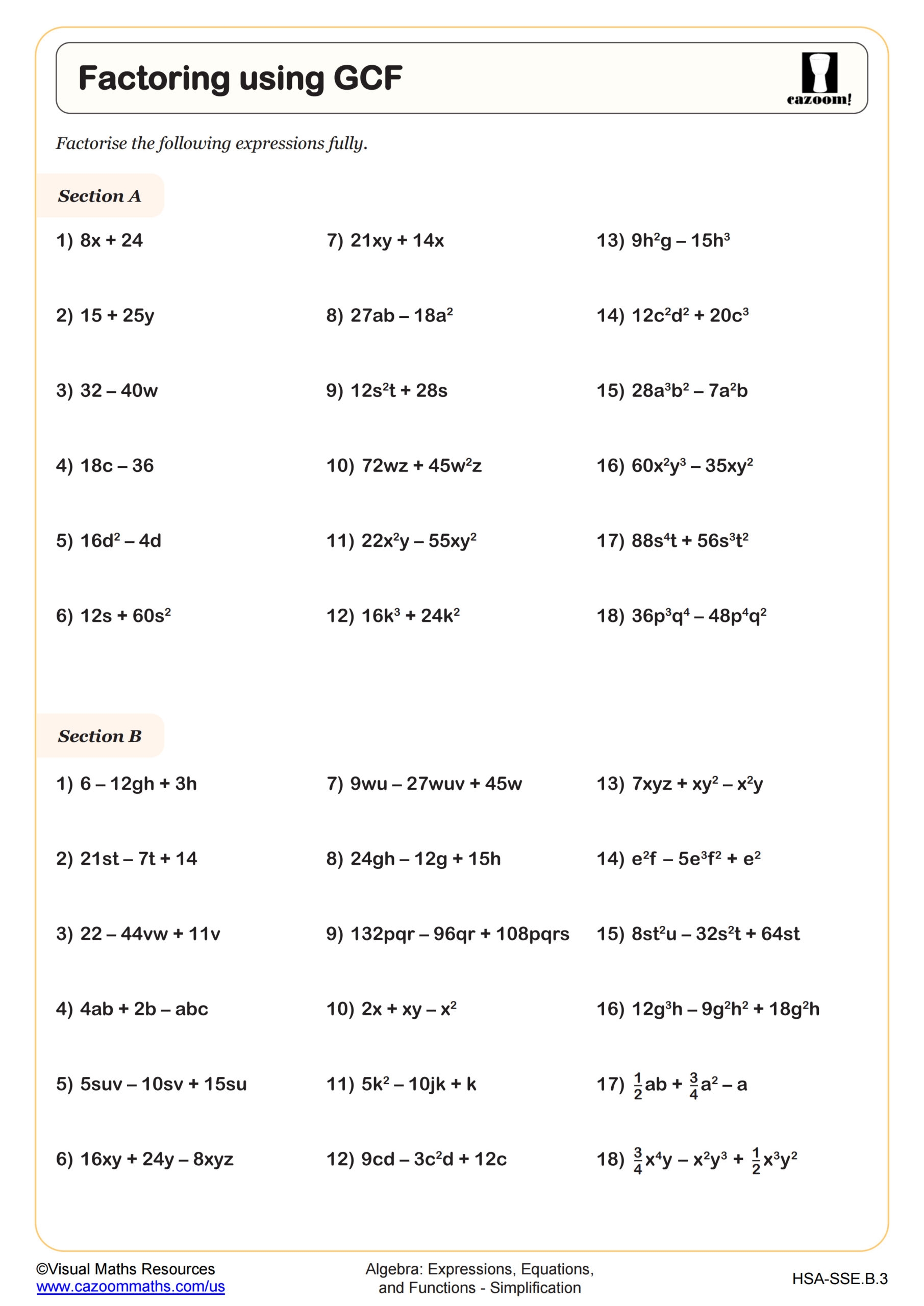 Factoring Using GCF Worksheet PDF Printable Algebra Worksheet 