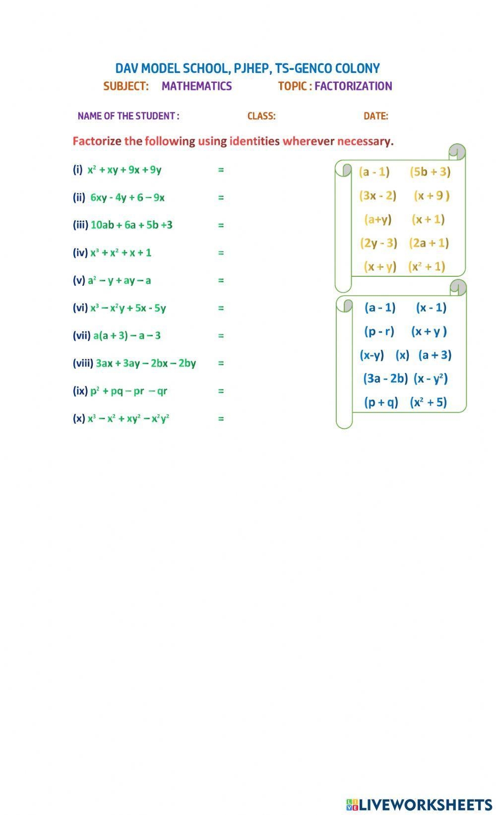 Factorization Activity Live Worksheets Worksheets Library