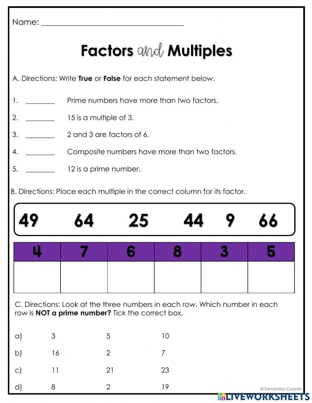 Factors And Multiples Online Activity For Grade 4 Live Worksheets