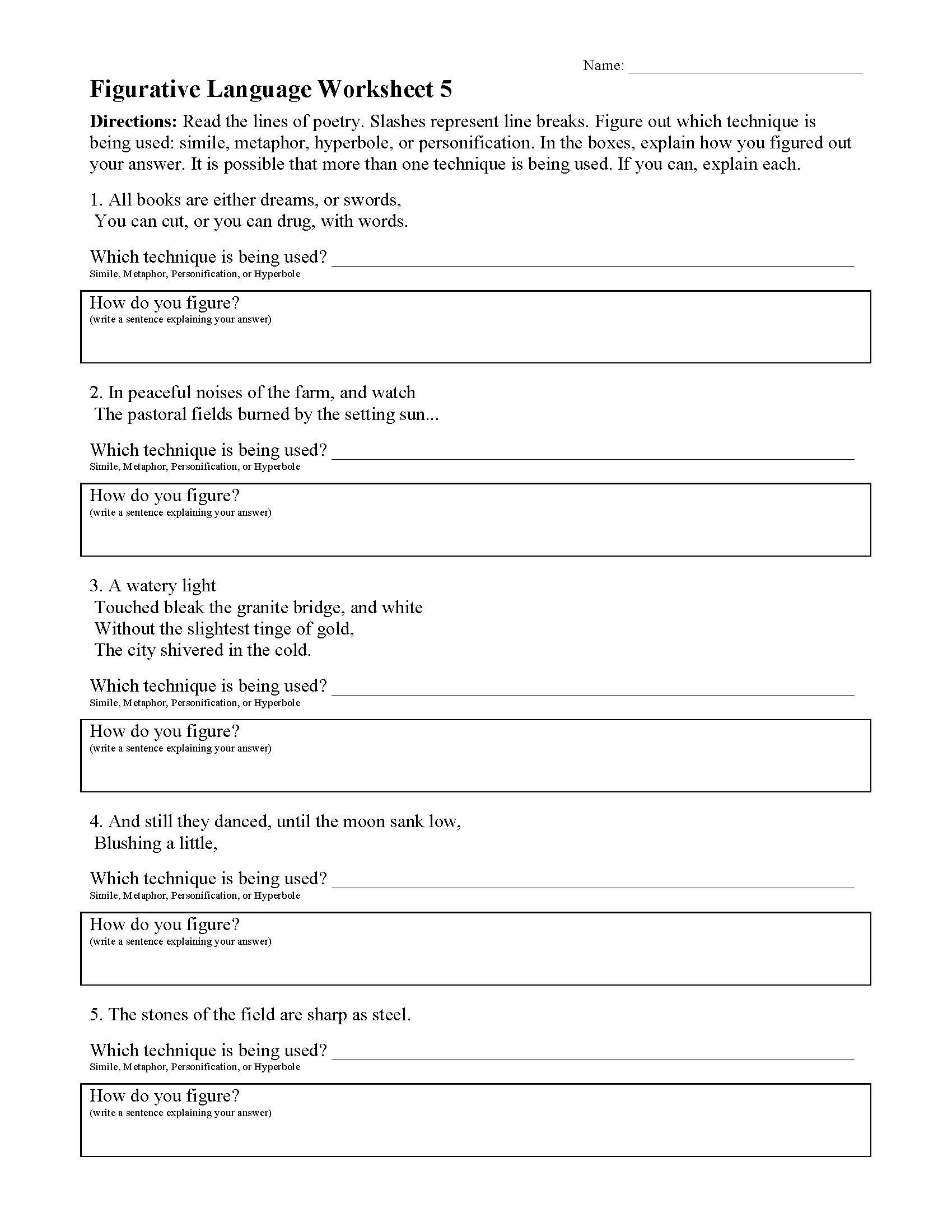 Figurative Language Worksheet 5 Answers Language Worksheets