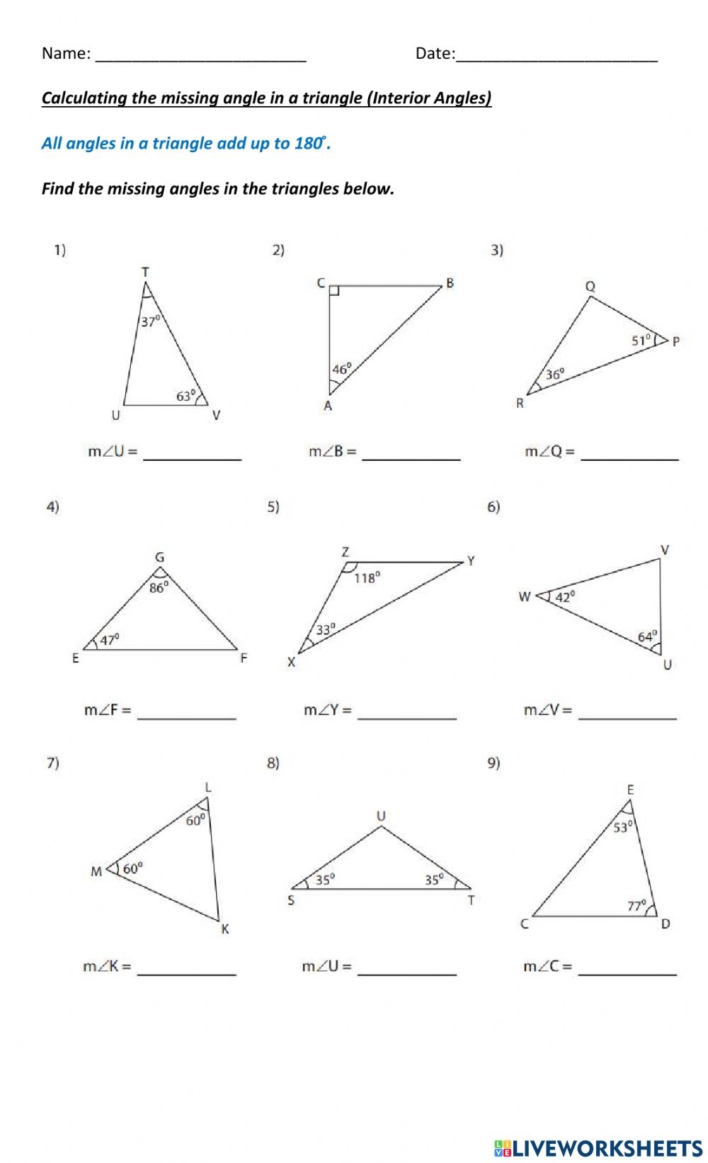 Find Missing Angle Worksheet Triangle Angleworksheets