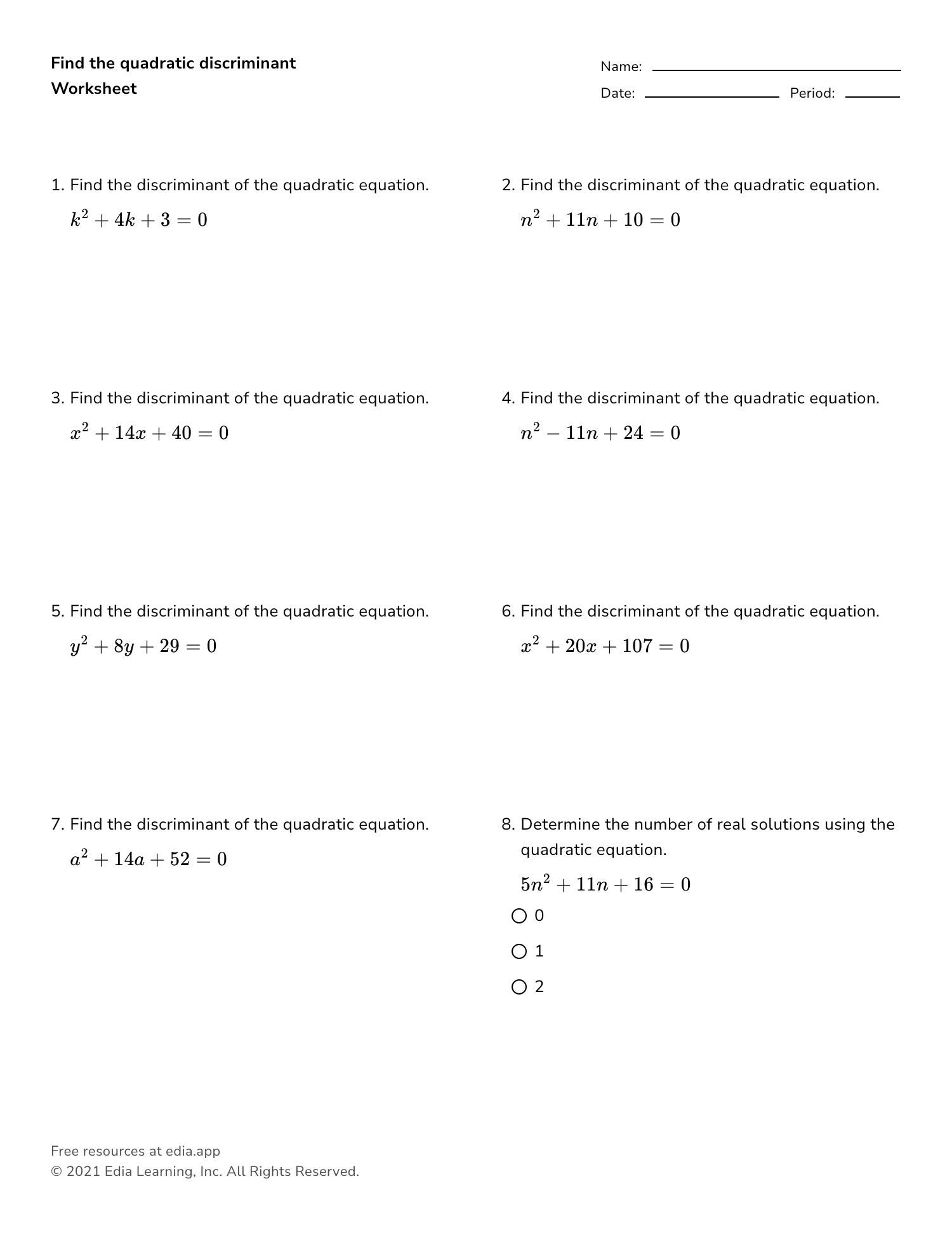 discriminant worksheet