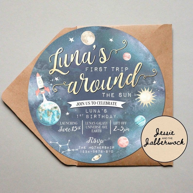 First Birthday Invitation First Trip Around The Sun Round Planets 