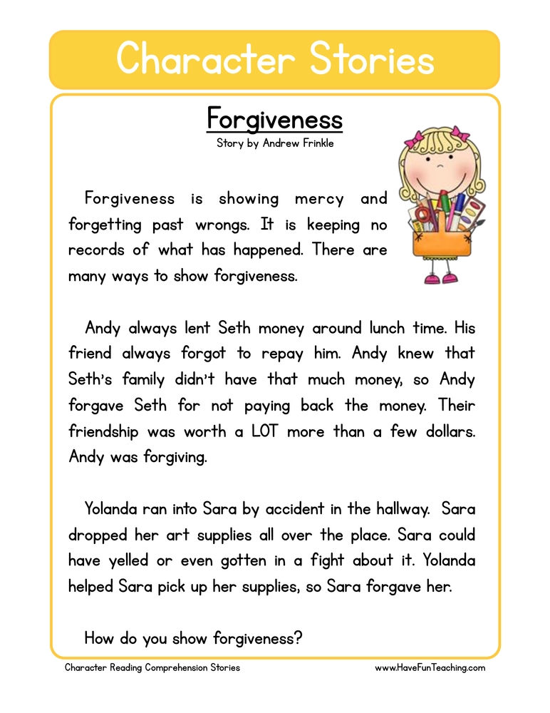 Forgiveness Character Reading Comprehension Worksheet Have Fun Teaching