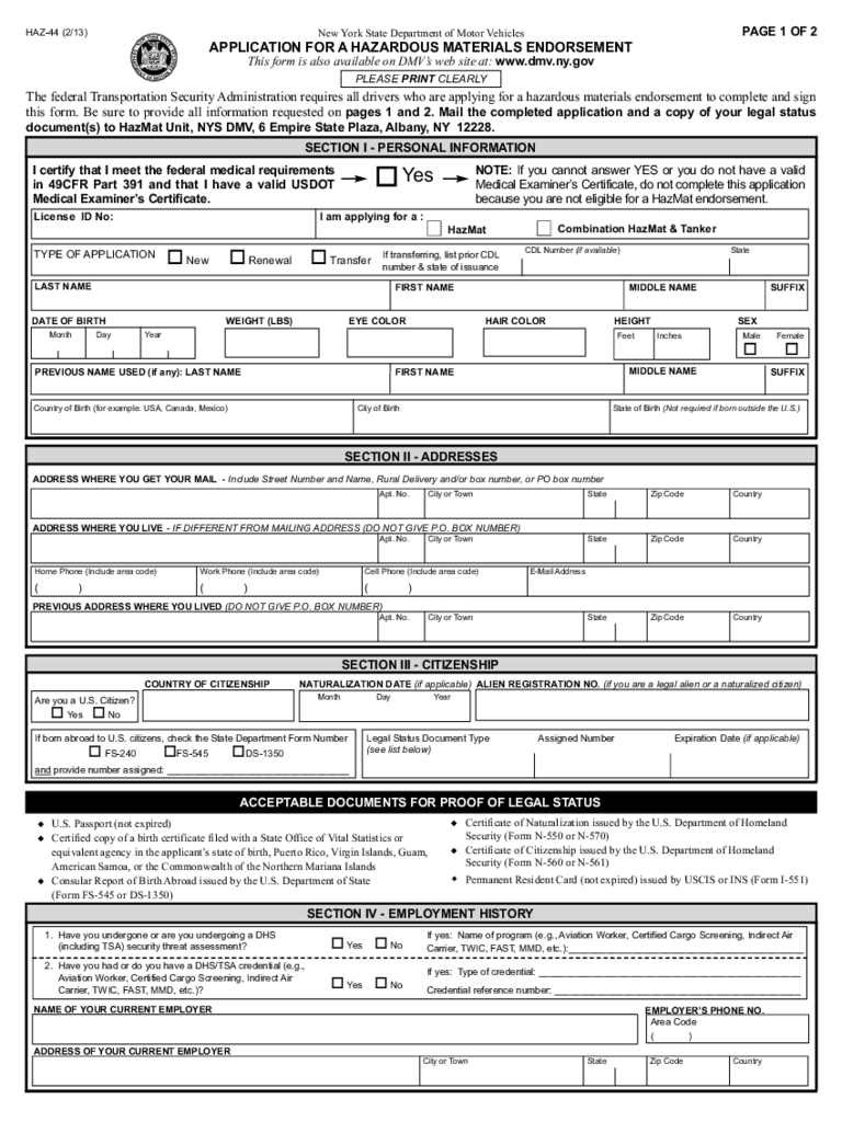 Form Haz 44 Application For A Hazardous Materials Endorsement 