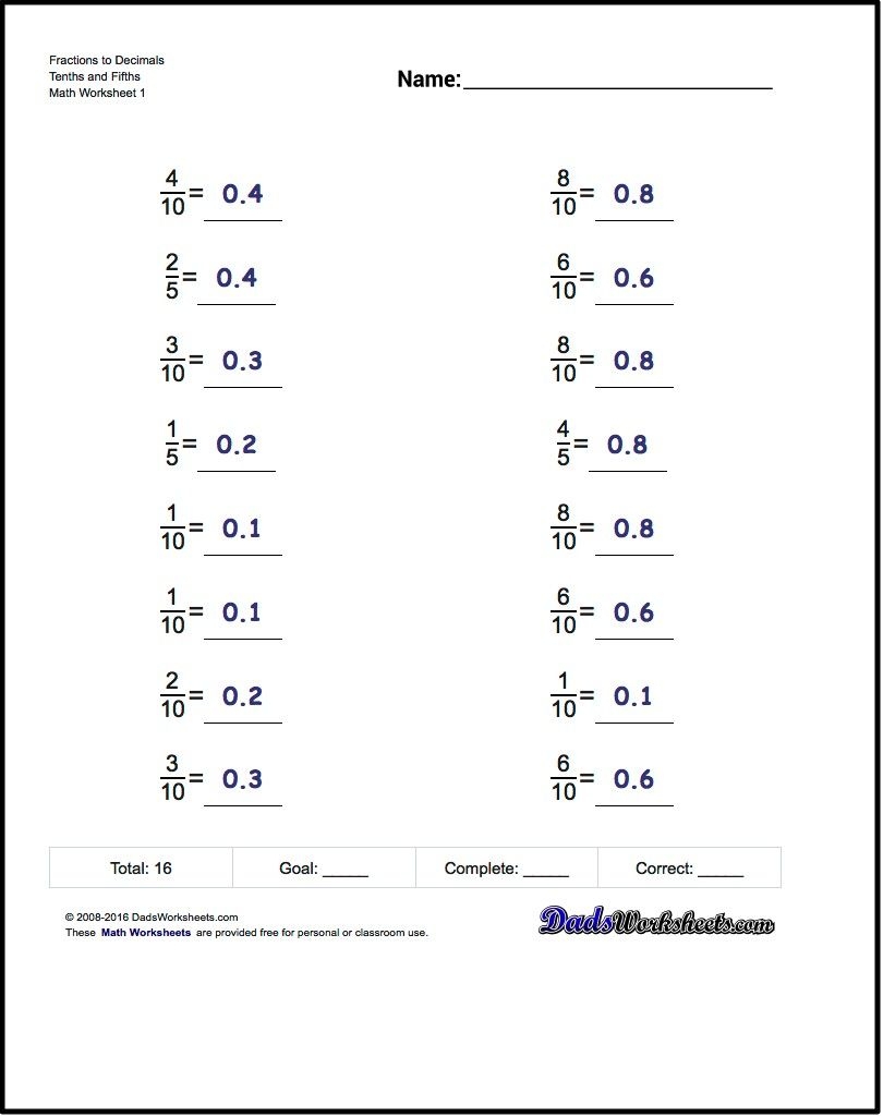 decimal fraction worksheet