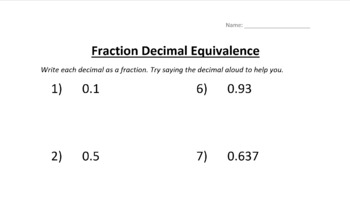 Fraction Decimal Equivalence Worksheet By Kayla Palfrey TPT