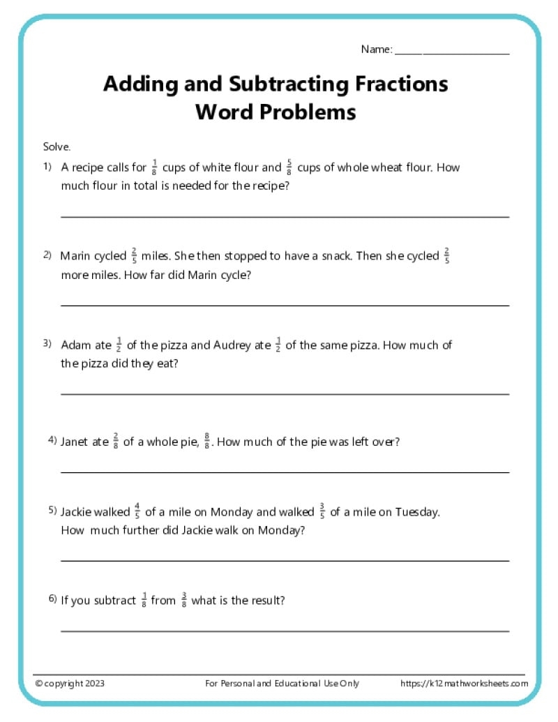 fraction word problems worksheets