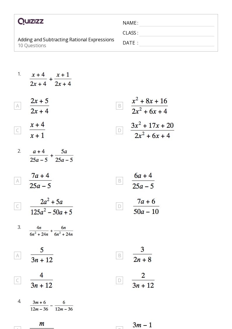 rational expressions adding and subtracting worksheet